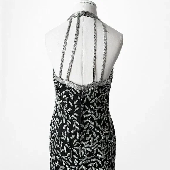 Vintage Y2K Black White Gray Floral Beaded Maxi Bodycon Formal Dress M - Picture 6 of 9
